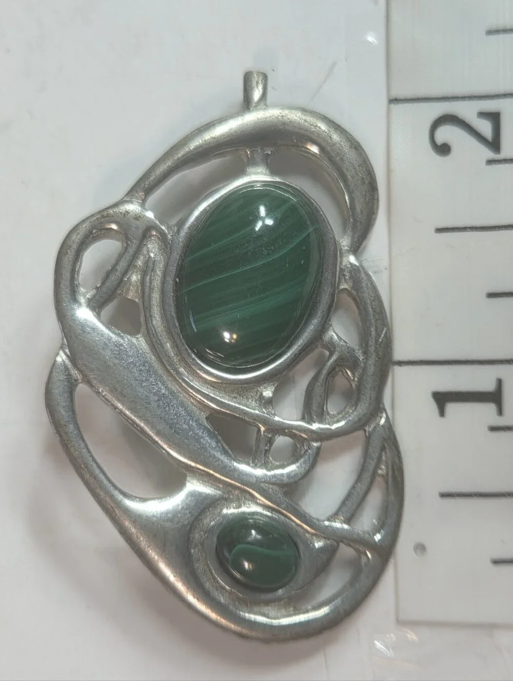 st justin pewter brooch abstract free form malachite cabochon stone green silver